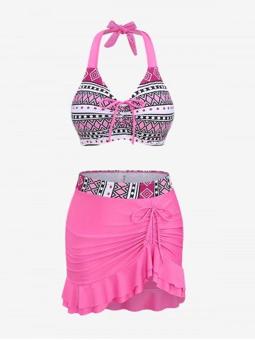 Ethnic Figure Print Cinched Halter Ruffles Skirt Tankini Swimsuit - LIGHT PINK - M | US 10