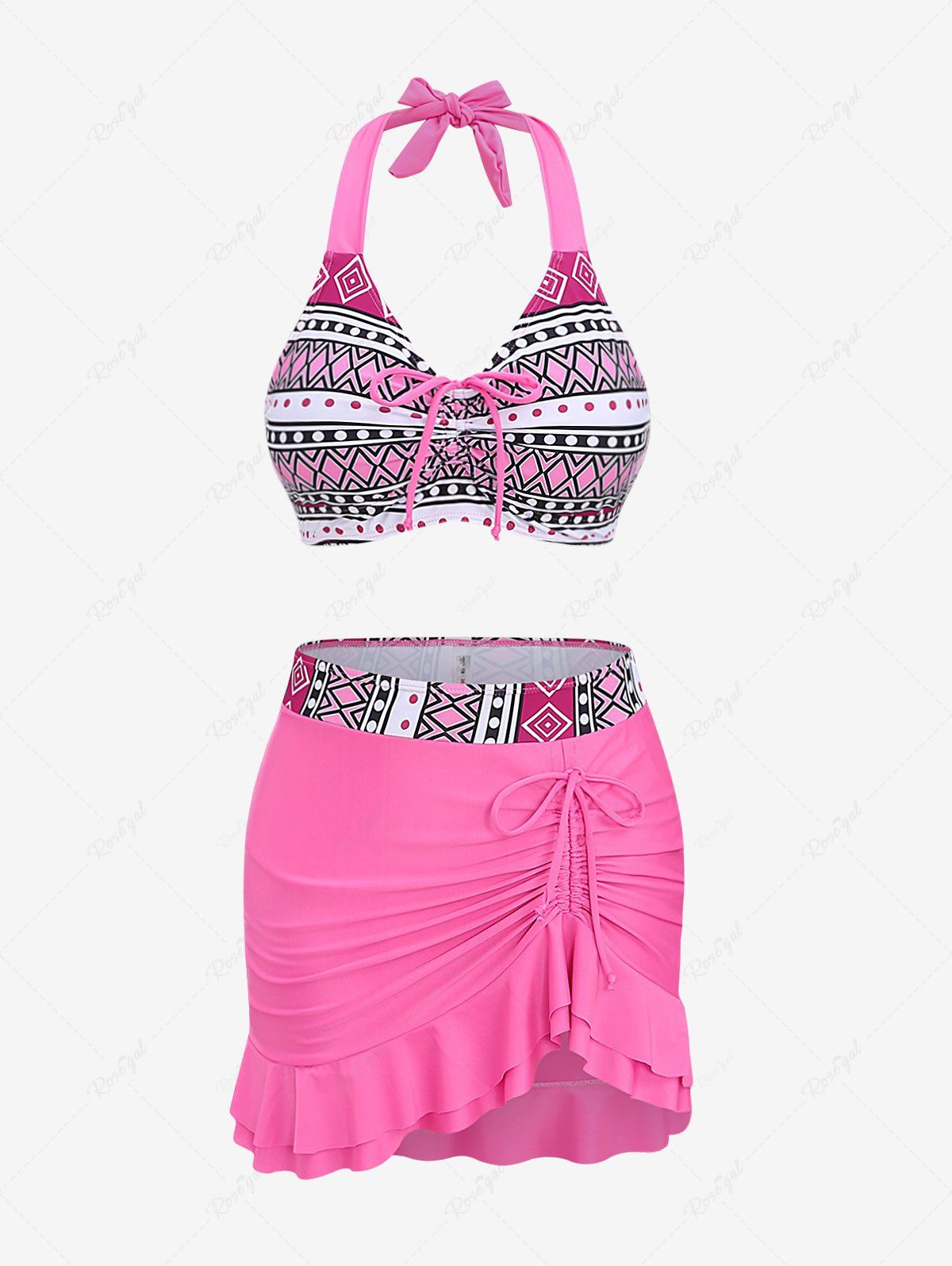 Fancy Ethnic Figure Print Cinched Halter Ruffles Skirt Tankini Swimsuit  