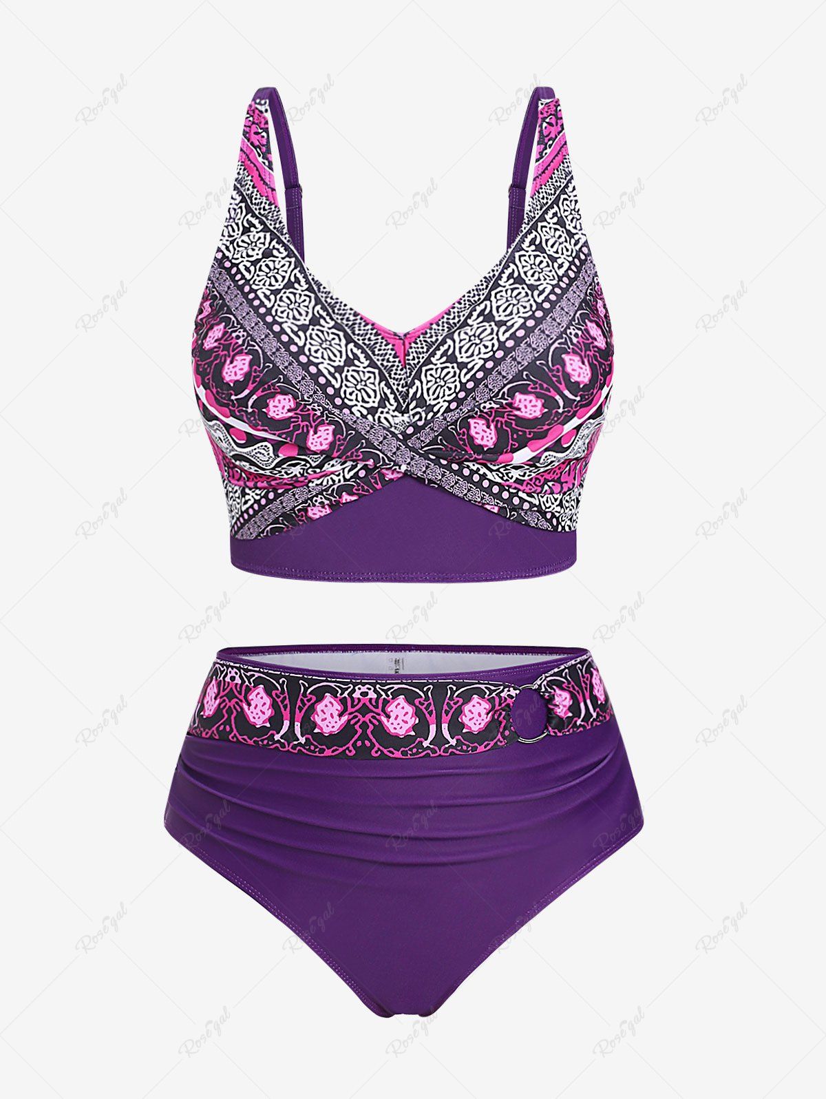 Plus Size Paisley Print Twist Bikini Swimsuit Pourpre  L | US 12