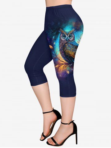 Plus Size Owl Branch Print Pockets Capri Leggings