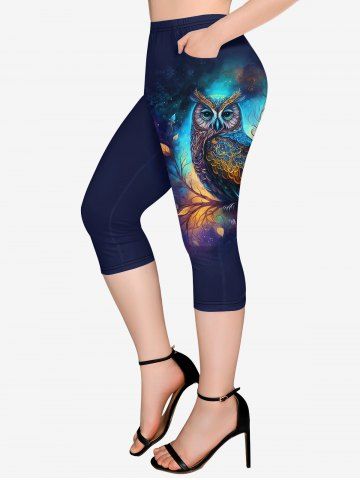 Plus Size Owl Branch Print Pockets Capri Leggings - DEEP BLUE - 5X