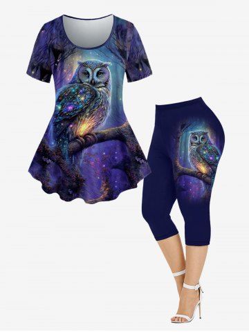 Plus Size Owl Tree Galaxy Printed Short Sleeves T-shirt and Leggings Outfit - DEEP BLUE