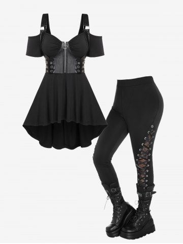 Gothic Zipper PU Leather Grommets Ruched Cold Shoulder Top and Lace Panel Lace-up Skinny Pants Outfit - BLACK