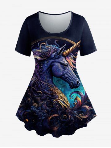 Plus Size Unicorn Plant Print Short Sleeves T-shirt - BLACK - S