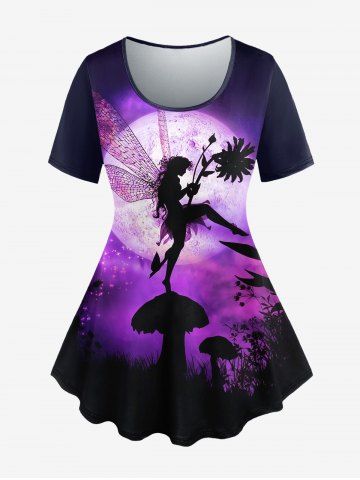 Plus Size Galaxy Angel Moon Plant Print Short Sleeves T-shirt
