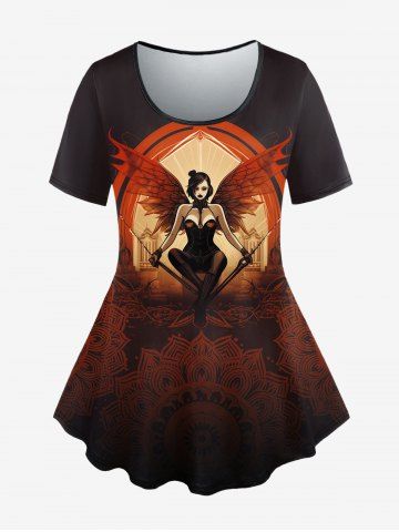 Gothic Paisley Figure Girl Wings Print T-shirt - BLACK - XS