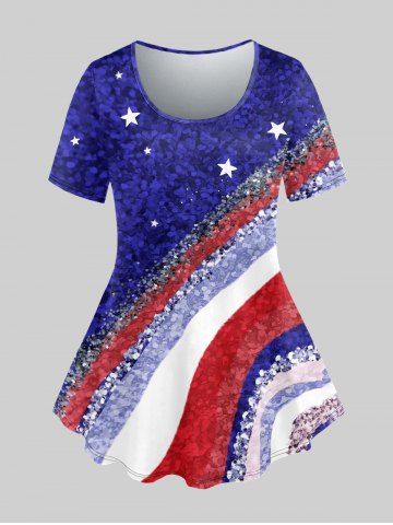 Plus Size Patriotic American Flag Sequins Print Short Sleeves T-shirt - BLUE - S