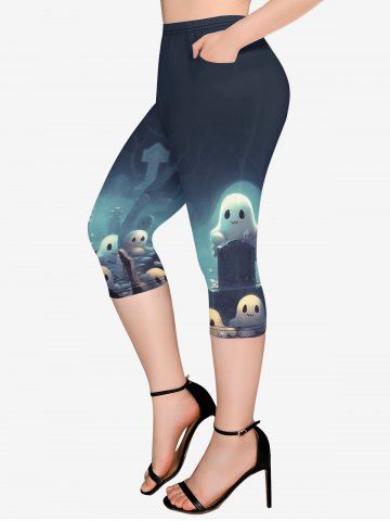 Gothic Ghost Cross Tombstone Print Pockets Capri Leggings - BLACK - 3X