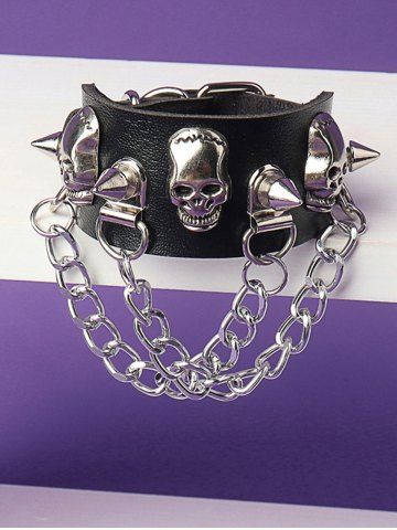 Gothic Skull Rivet Tassel Chain Buckle Bracelet - BLACK