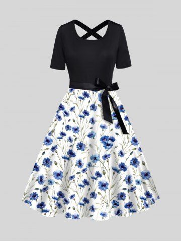 Bowknot Belt Midi Dress Short Sleeve A Line Dress - BLUE - L