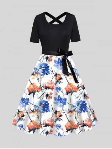 Flower Print Belt A Line Dress Short Sleeve Back Cross Midi Dress - WHITE - M