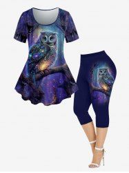 Plus Size Owl Tree Galaxy Printed Short Sleeves T-shirt and Leggings Outfit -  