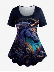 Plus Size Unicorn Plant Print Short Sleeves T-shirt -  