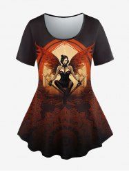 Gothic Paisley Figure Girl Wings Print T-shirt -  