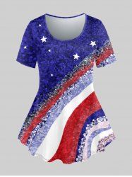 Plus Size Patriotic American Flag Sequins Print Short Sleeves T-shirt -  