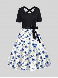 Bowknot Belt Midi Dress Short Sleeve A Line Dress -  