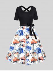 Robe Mi-Longue Ligne A Croisée à Imprimé Fleur avec Ceinture - Blanc XXL