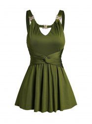Front Twisted Bowknot Belt Solid Color Rhinestone Cut Out Tank Top -  