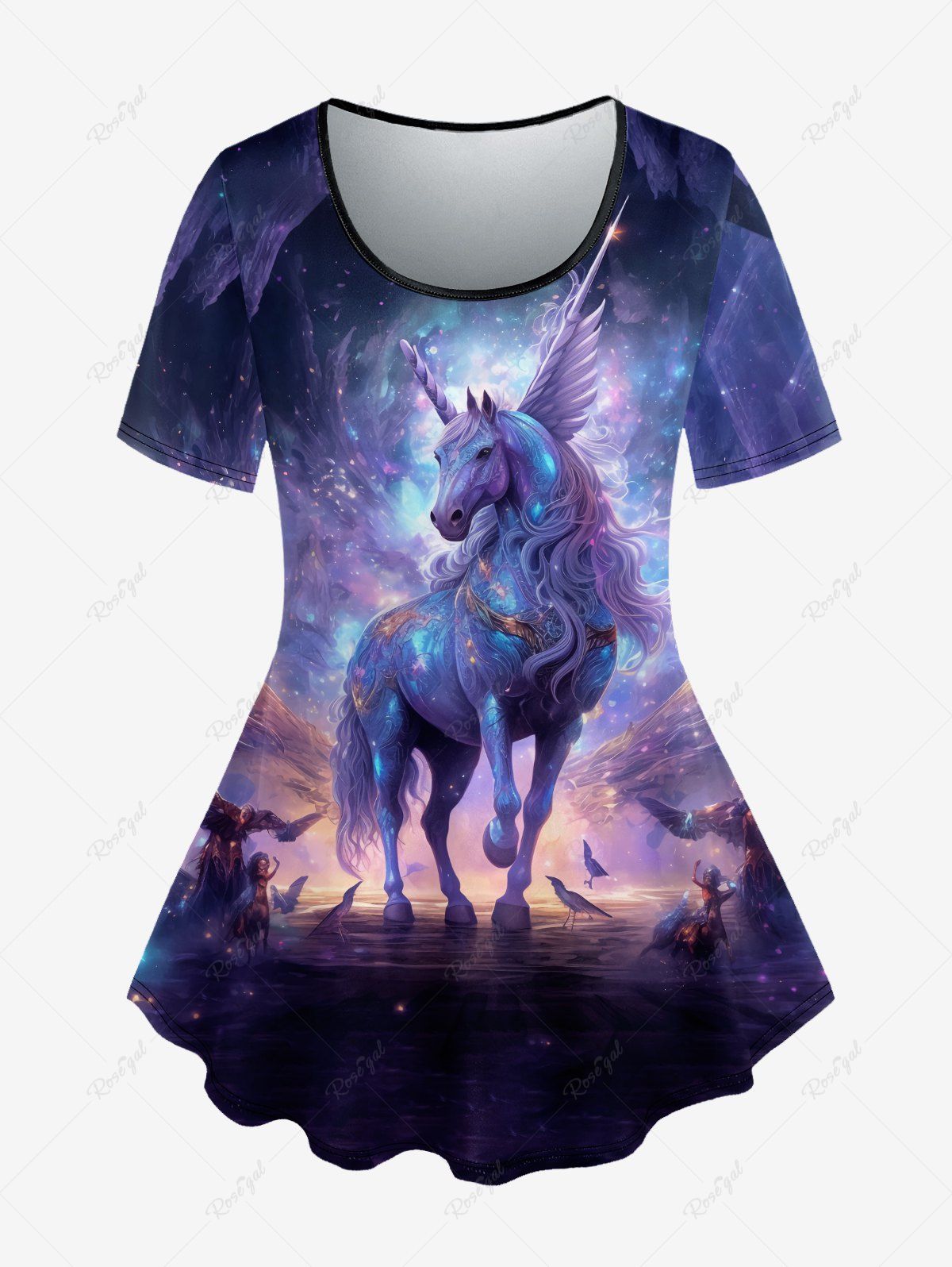 T-shirt Gothique Galaxie Licorne Imprimé à Paillettes Pourpre  1X