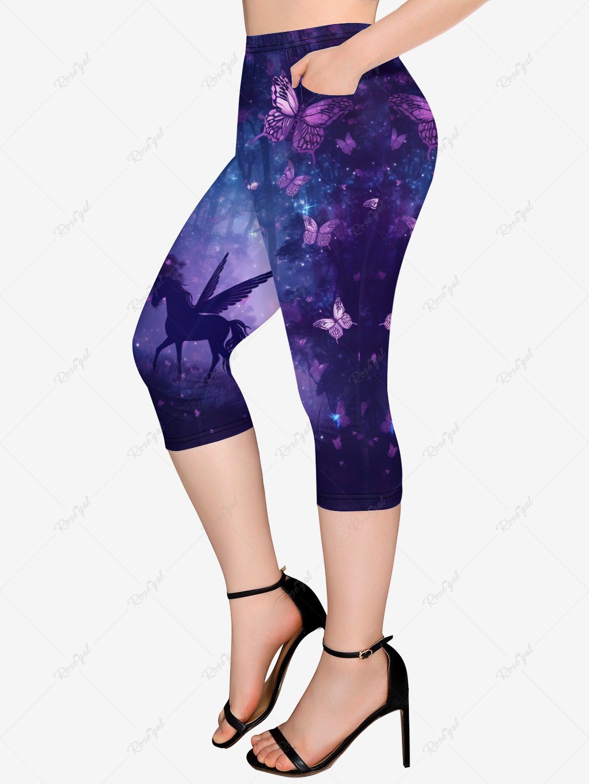 Outfit Gothic Galaxy Butterfly Unicorn Forest Print Pockets Capri Leggings  