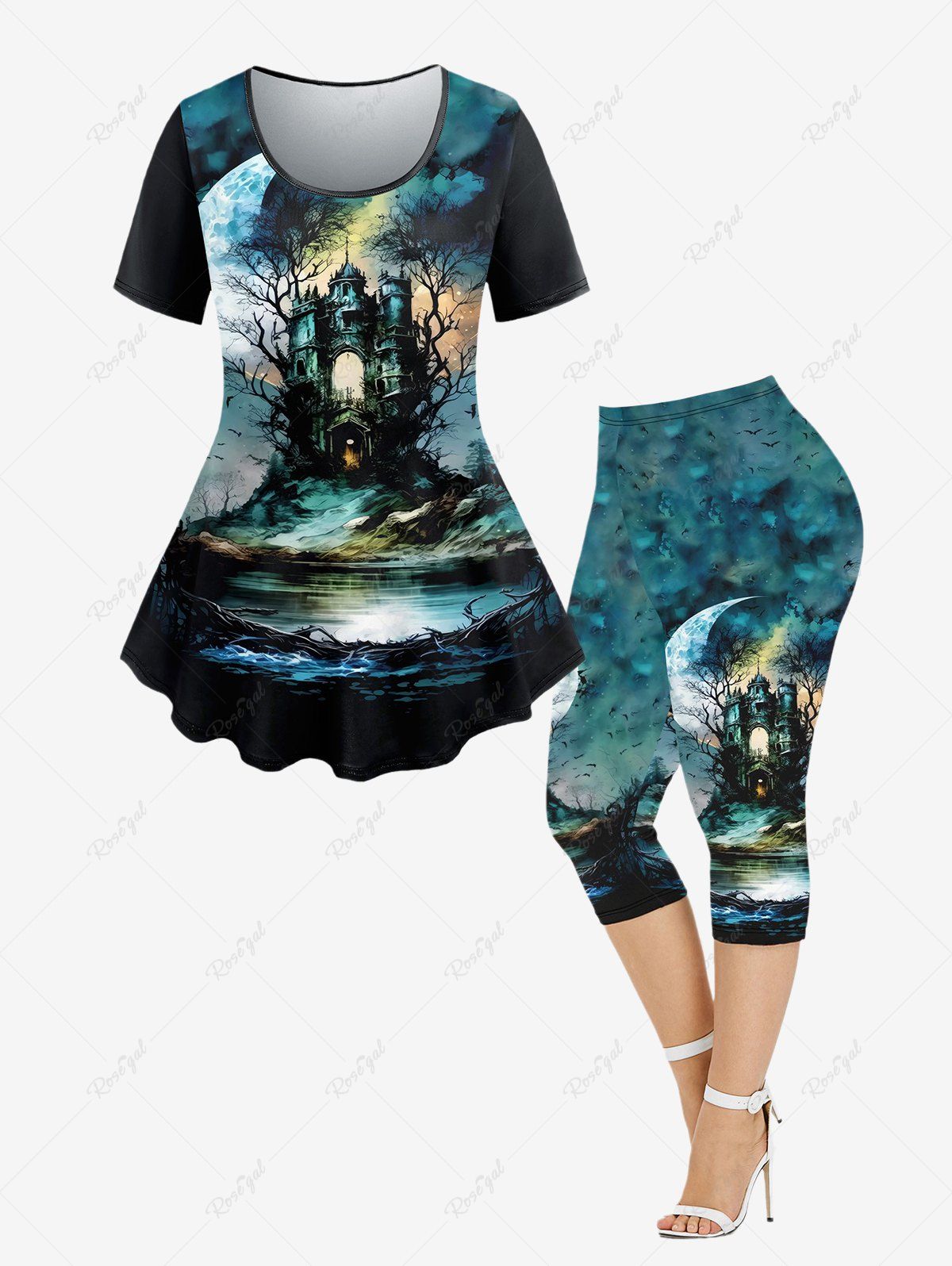 T-shirt D'Halloween Capri Arbre Lune et Château Imprimés de Grande Taille avec Poche Bleu 