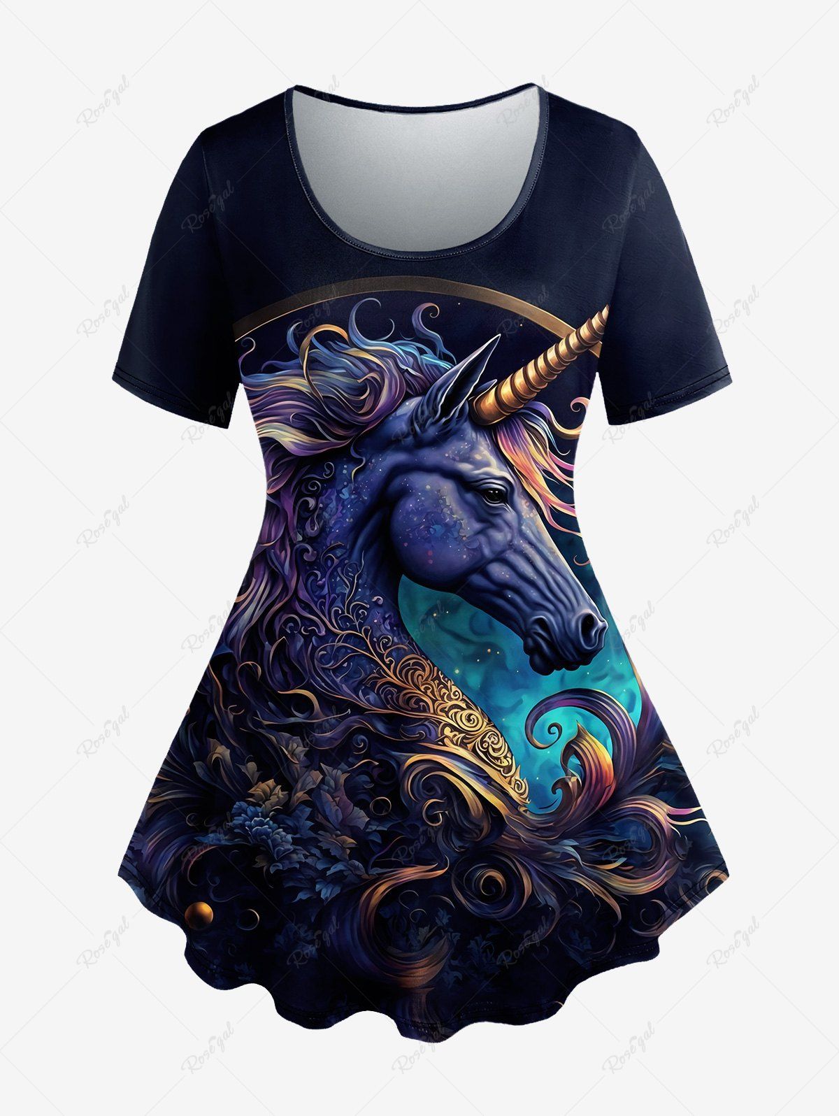 Online Plus Size Unicorn Plant Print Short Sleeves T-shirt  