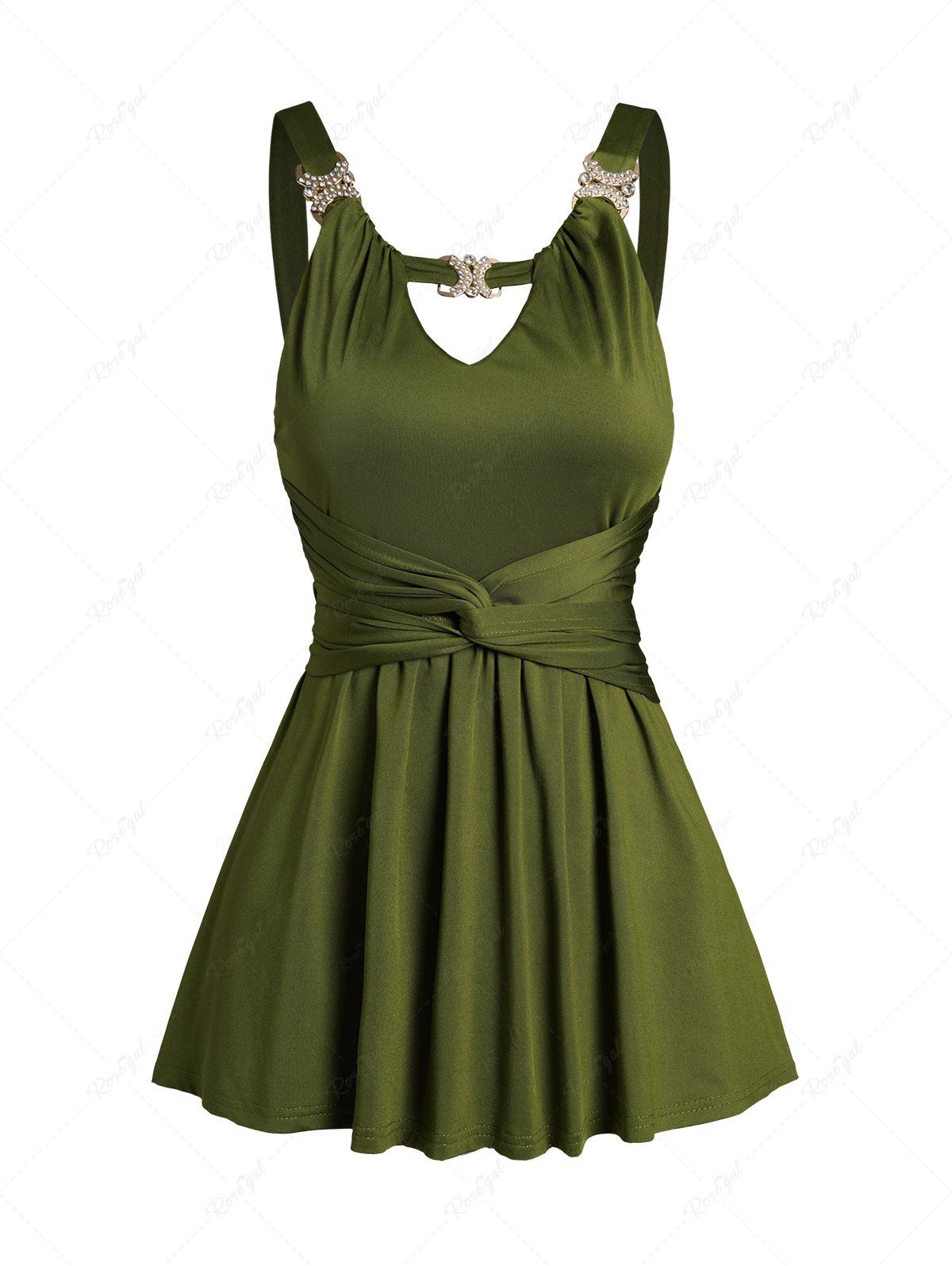 Store Front Twisted Bowknot Belt Solid Color Rhinestone Cut Out Tank Top  