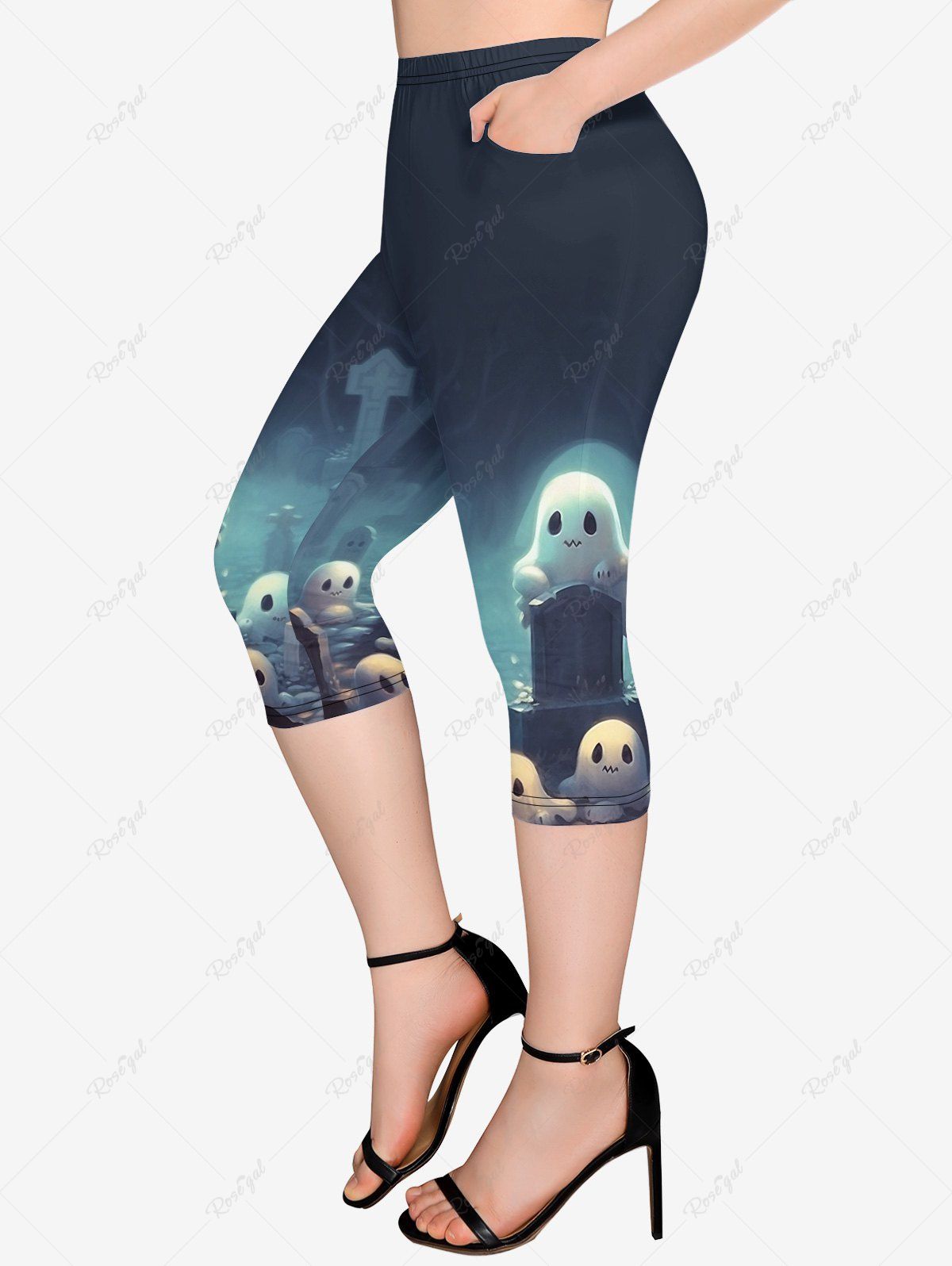 Fashion Gothic Ghost Cross Tombstone Print Pockets Capri Leggings  