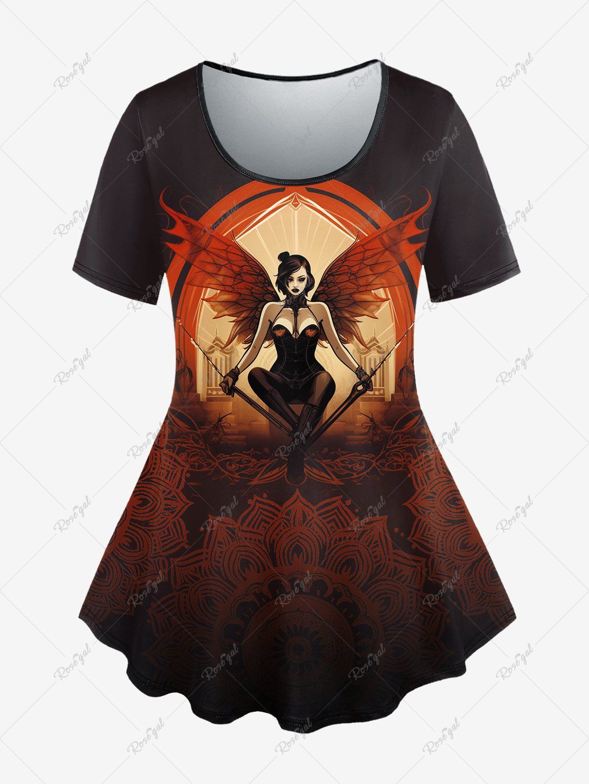 Unique Gothic Paisley Figure Girl Wings Print T-shirt  