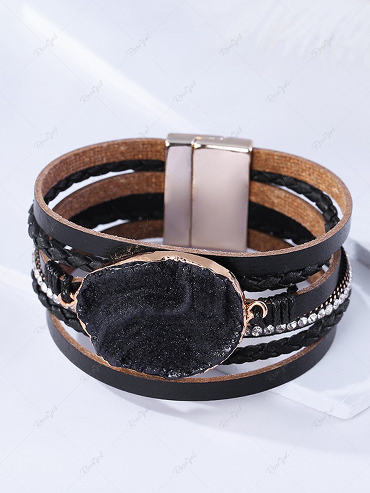Bracelet en Cuir PU à Plusieurs Branches Orné de Strass Style Gothique Noir 