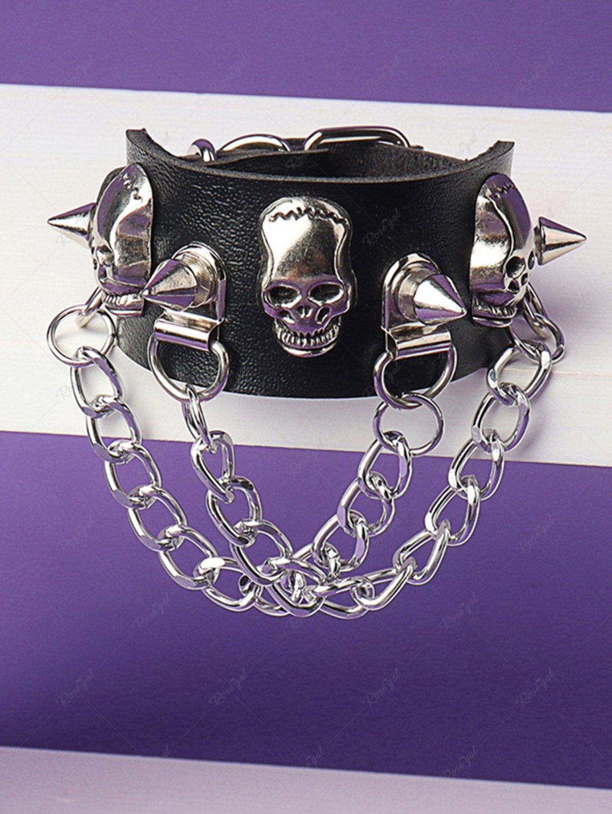 Online Gothic Skull Rivet Tassel Chain Buckle Bracelet  