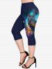 Plus Size Owl Branch Print Pockets Capri Leggings -  
