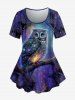 Plus Size Owl Tree Galaxy Printed Short Sleeves T-shirt and Leggings Outfit -  