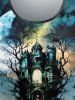 T-shirt D'Halloween Capri Arbre Lune et Château Imprimés de Grande Taille avec Poche - Bleu 