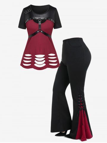 Grommet PU Leather Strap Ripped Short Sleeve T-Shirt And Lace Up Two Tone Godet Hem Pull On Flare Pants Gothic Outfit - RED