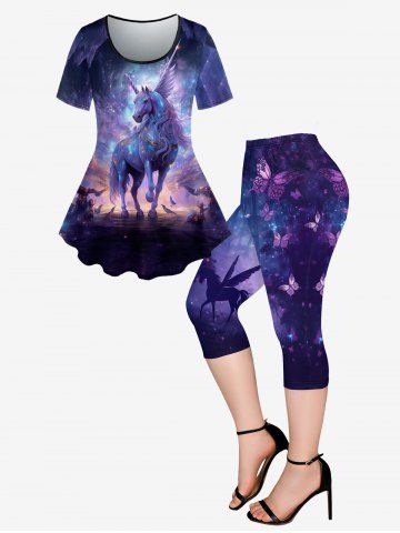 Galaxy Unicorn Glitter Print T-shirt And Capri Leggings Gothic Outfit - PURPLE