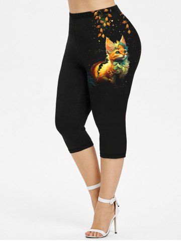 Plus Size Cat Leaf Glitter Print Capri Leggings - BLACK - XS