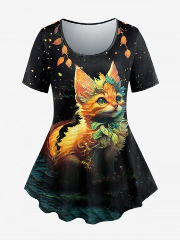 Plus Size Cat Leaf Glitter Print Short Sleeves T-shirt - BLACK - S