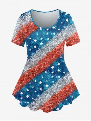 Plus Size Patriotic American Flag Print Short Sleeves T-shirt - BLUE - 4X