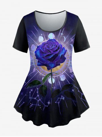 Plus Size Galaxy Rose Printed T-shirt - BLACK - XS