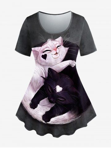 Plus Size Cats Print Short Sleeves Tee - DARK GRAY - S