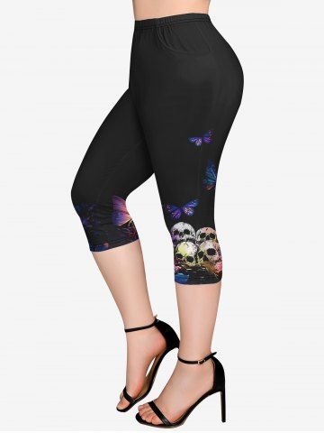 Gothic Skulls Butterfly Print Pocket Capri Leggings