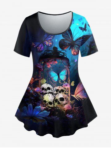 Gothic Skulls Butterfly Plant Glitter Print Short Sleeves T-shirt - BLACK - 1X