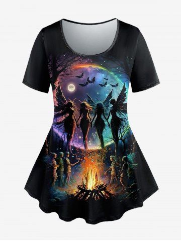 Gothic Butterfly Angel Bat Moon Tree Fire Print Short Sleeves T-shirt - BLACK - S