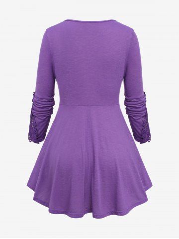 Plus Size Floral Lace Panel Ruched Crisscross Butterfly Buckle T-shirt