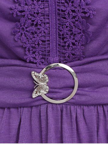 Plus Size Floral Lace Panel Ruched Crisscross Butterfly Buckle T-shirt