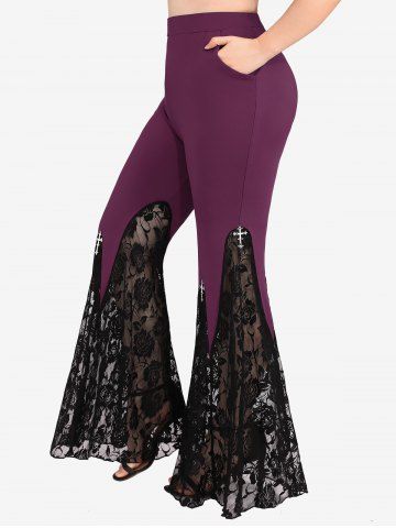 Plus Size Floral Lace Cross Pendant Pockets Flare Pants - PURPLE - M | US 10