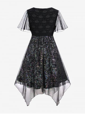 Plus Size Hollow Out Back Mesh Layered Chain Lace Up Asymmetrical Dress