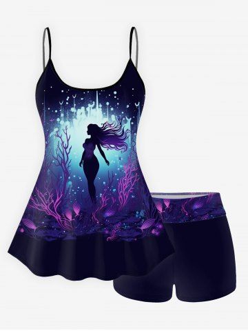 Gothic Mermaid Plant Glitter Print Tankini Swimsuit (Adjustable Shoulder Strap) - DEEP BLUE - S