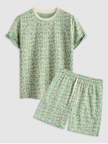 Floral Checks Jacquard Textured Crew Neck Short Sleeves T Shirt Drawstring Shorts Two Piece Set - LIGHT GREEN - XL